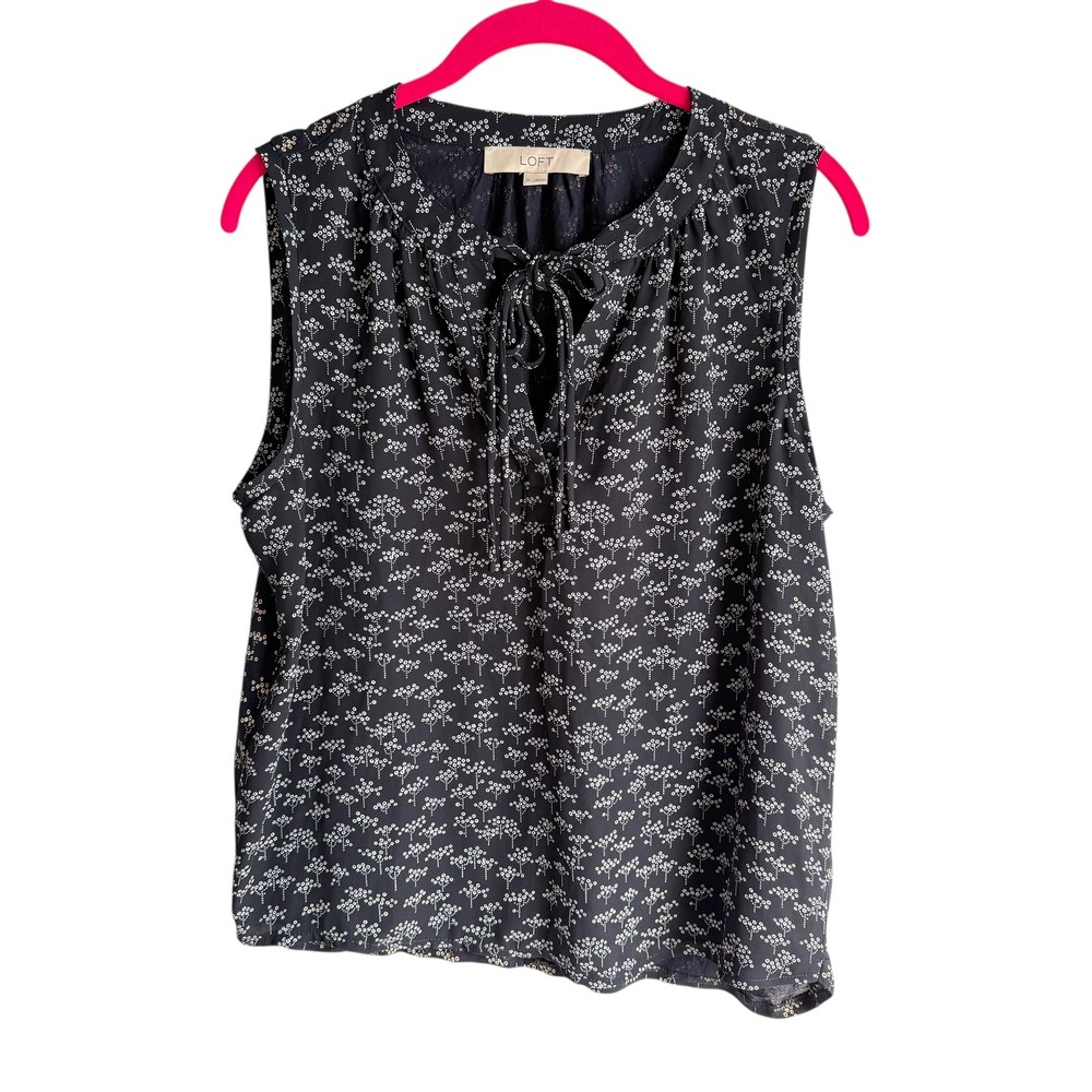 LOFT Navy Mixed Media Sleeveless Neck-Tie Ladies Blouse,‎ M